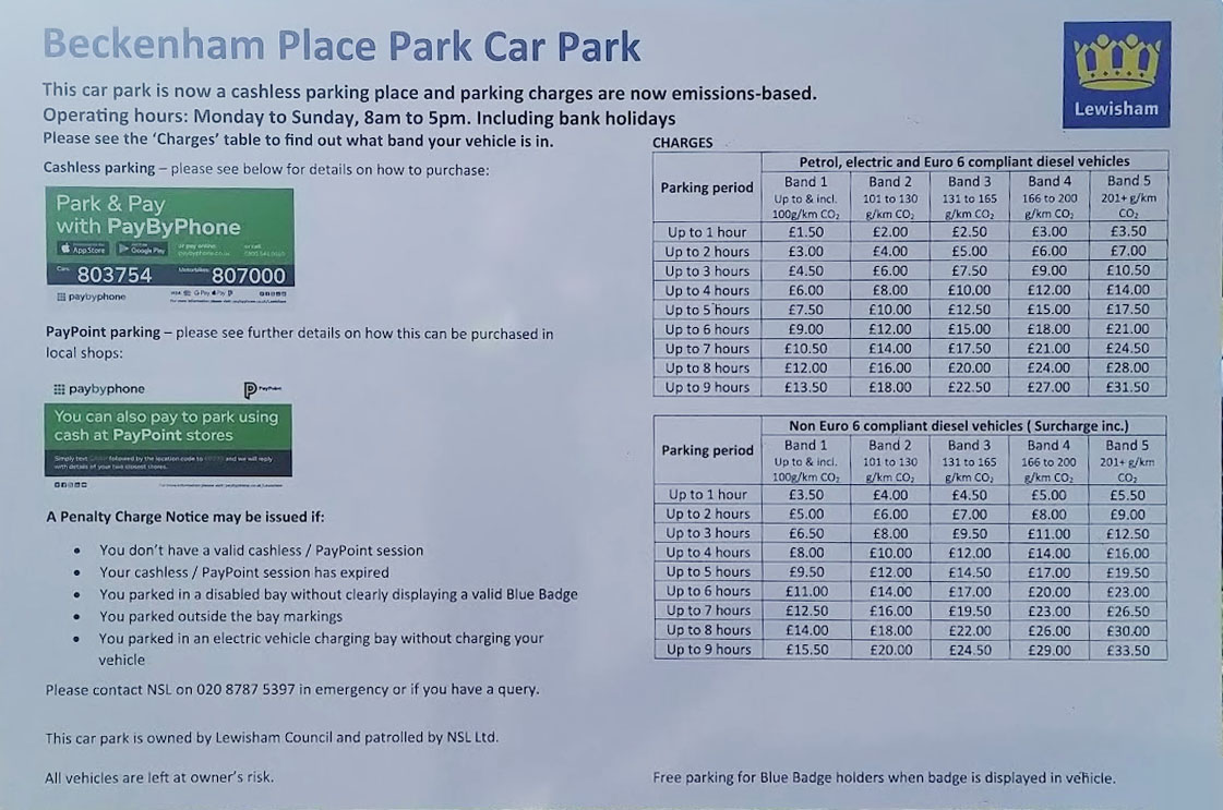 Beckenham Place Park - Parking Charges